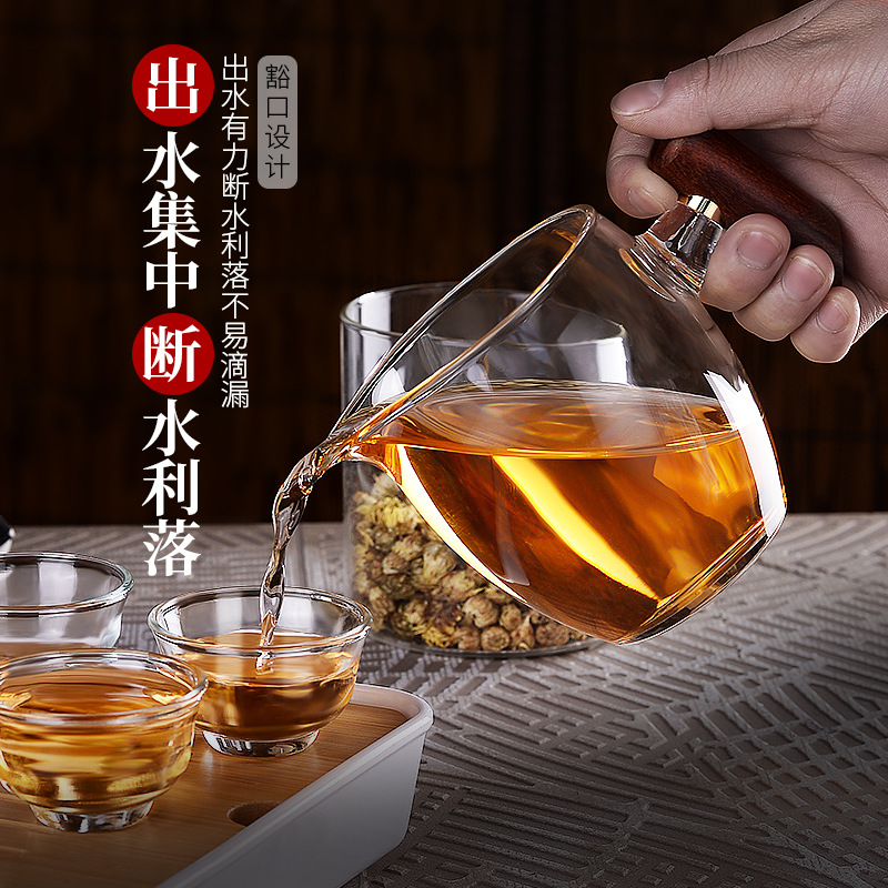Bộ lọc trà cốc thủy tinh, tay cầm gỗ chịu nhiệt dày dặn, Bộ tách trà cao cấp, cốc pha lê thủ công, Bộ trà gia dụng