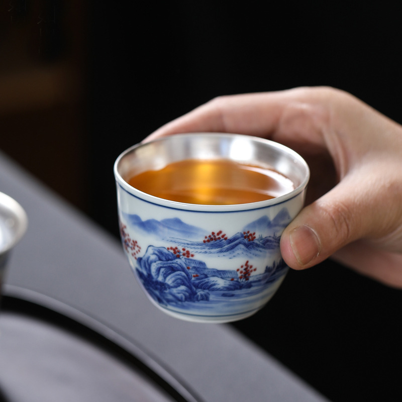 Ấm pha trà cầm tay gia dụng Bộ trà Kung Fu 999 bạc sterling một bình hai cốc bộ trà du lịch xách tay gốm sứ