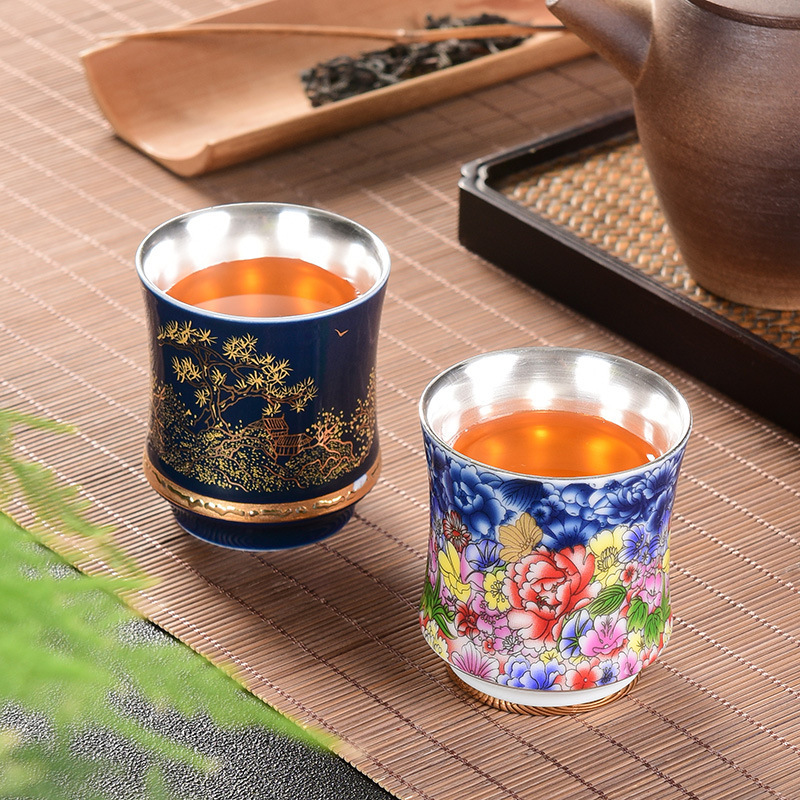 Cốc trà lót bằng bạc 999 cốc chủ nhân gốm sứ bộ trà Kung Fu cỡ lớn đơn chén trà chữ lưu niệm bán buôn