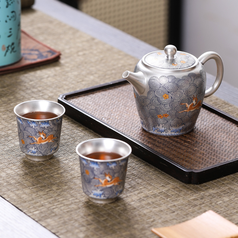 Bộ trà sứ bạc 999 nano Bộ ấm trà bằng bạc thủ công văn hóa và sáng tạo Tử Cấm Thành Bộ trà cao cấp cho người lớn tuổi cho khách hàng