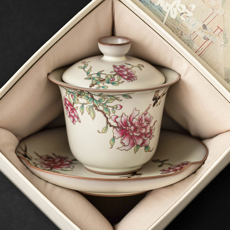 Cốc trà cốc trà bát trà hoa mẫu đơn đông mỡ lợn có nắp pha trà sứ gia dụng