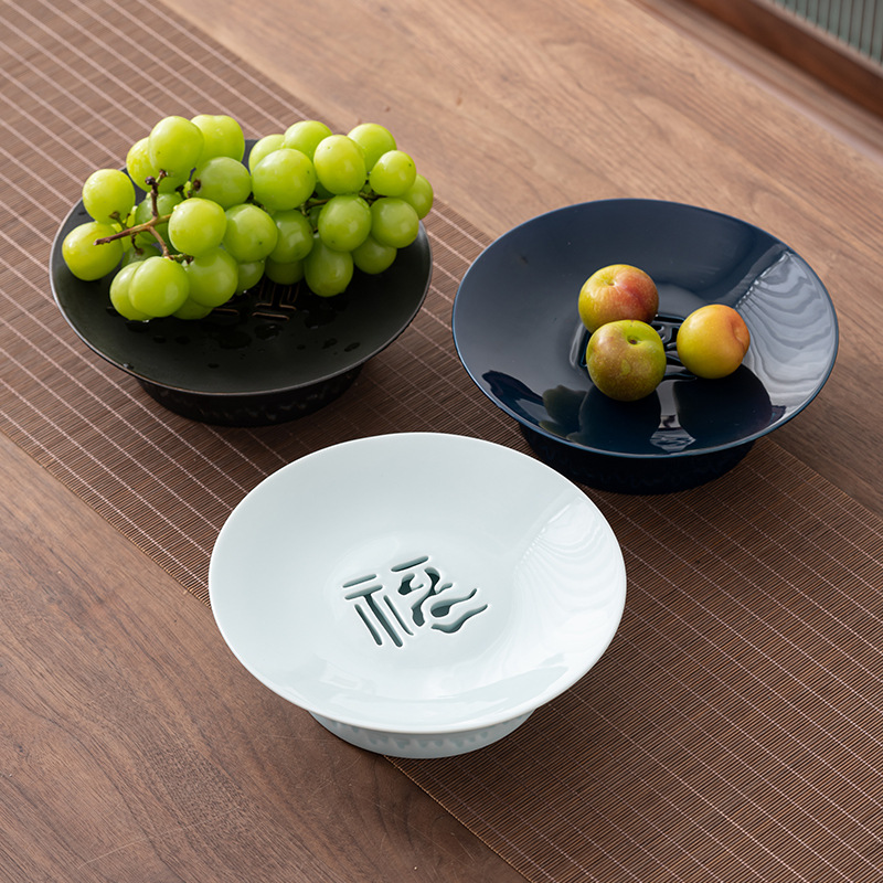 Khay đựng trái cây hai lớp thoát nước Xiangfu khay đựng trà gốm sứ cỡ lớn khay đựng trà phòng khách Khay đựng trái cây chân cao gia dụng