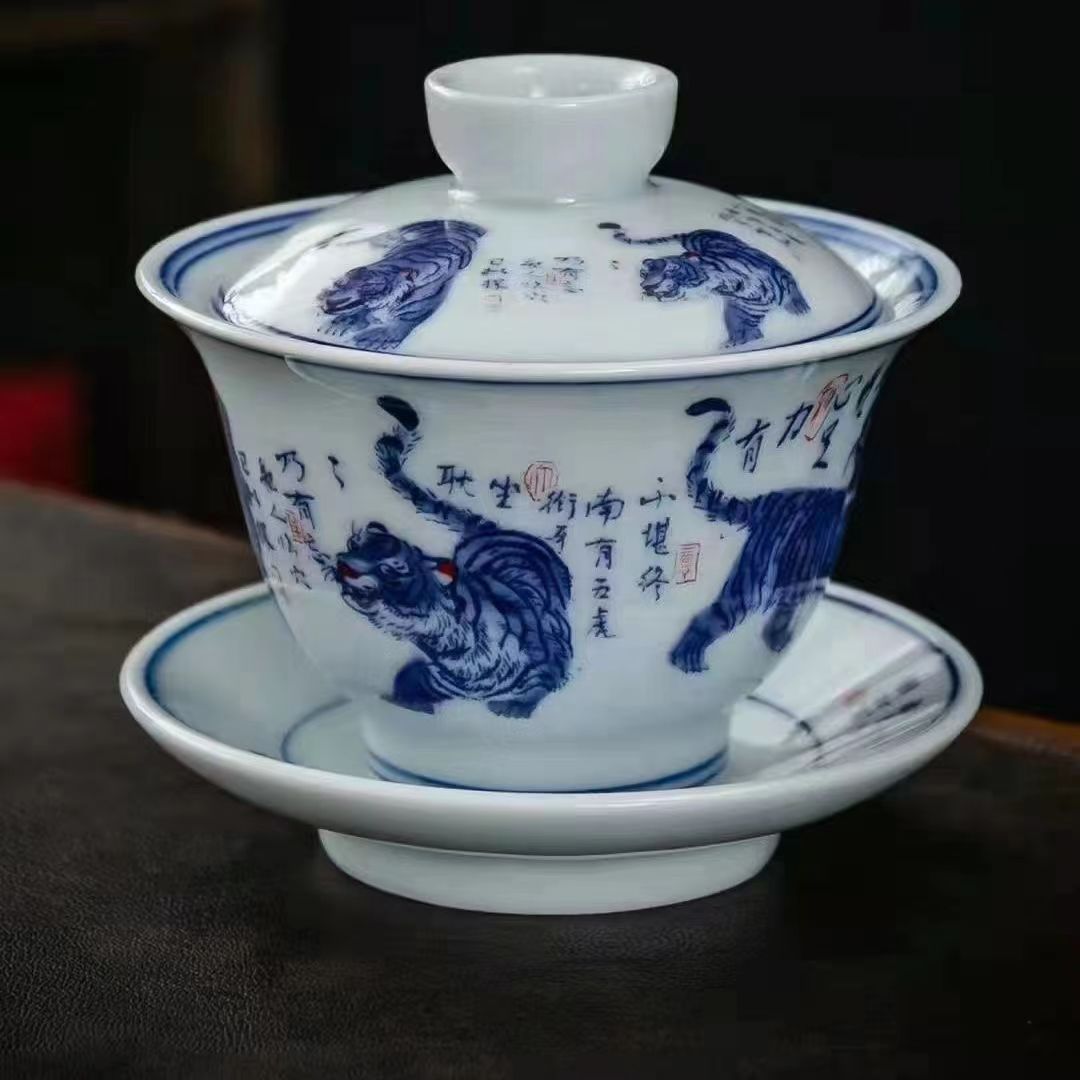 Bát Có Nắp gốm sứ Jingdezhen Bát Có Nắp sứ trắng xanh gia dụng Bát pha trà Bát có nắp tam tài cỡ lớn Cốc trà Kung Fu