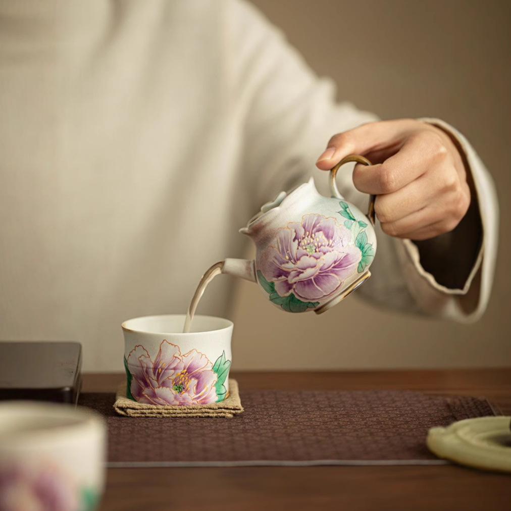 Cốc tre hoa mẫu đơn màu tím phong phú cốc chủ nhân cốc gốm sứ gia dụng chuyên dụng cá nhân cốc trà bộ trà Kung Fu cốc trà