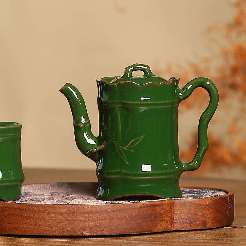 Zhuang Chui Renlang Green Bộ trà gốm lò chính thức được làm thủ công bằng đất sét khoáng thô Đế sắt Ấm trà kiểu tre Ấm trà khớp tre Tinh tế.