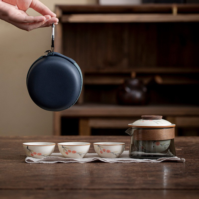Đồ gốm vẽ tay di động cốc khách nhanh một ấm ba cốc đựng ngoài trời xách tay bộ trà kungfu bộ trà du lịch