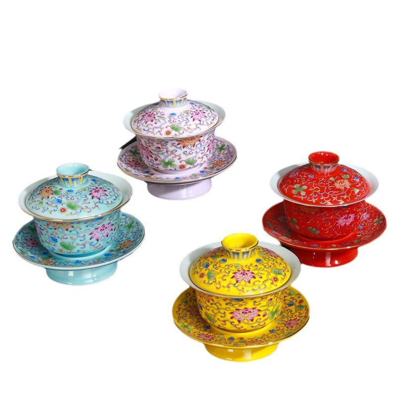 Bát trà tam tài tráng men Jinglongtang cốc trà gốm sứ công phu cốc trà cổ điển cỡ nhỏ bát pha trà gia dụng