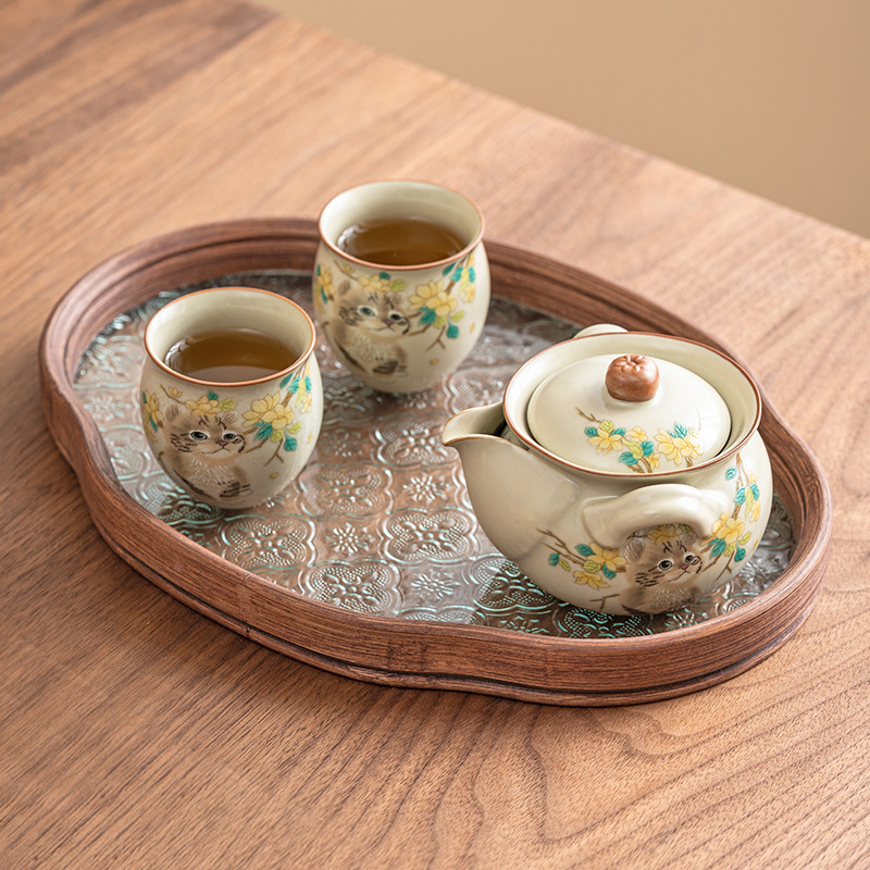 Bộ ấm trà du lịch lò nung mèo dễ thương di động cắm trại ngoài trời gốm sứ Kung Fu pha trà cầm tay một ấm hai cốc