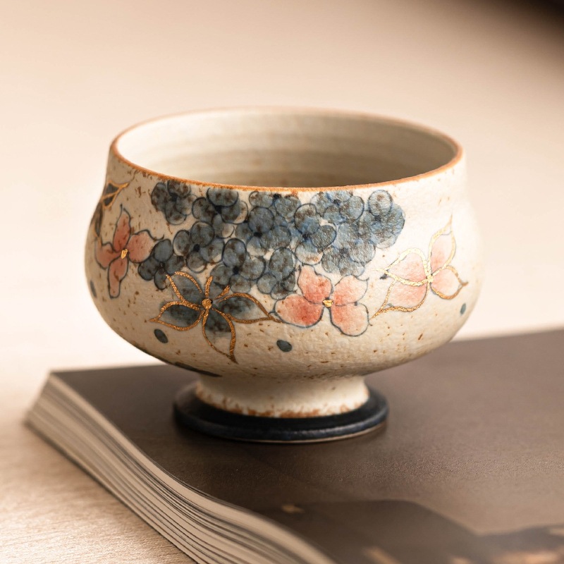 Cốc trà đen đá lửa trắng xanh, hoa cẩm tú cầu vàng, cốc tròn chân cao cấp, cốc chủ nhân cao cấp, cốc trà, cốc đơn