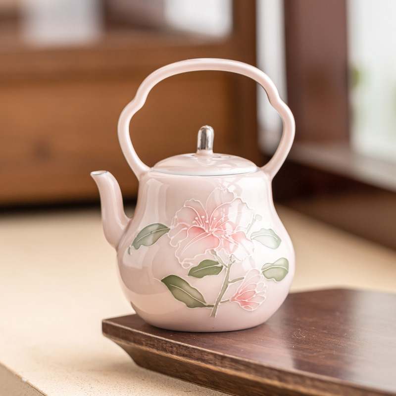Chậu cầm xà chạm khắc hoa huệ hồng vẽ tay ấm trà gốm sứ vẽ tay gia dụng ấm trà đơn bộ trà cao cấp có lọc ấm pha trà