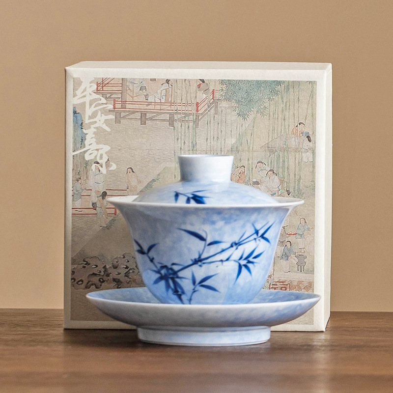 Bát có nắp bằng tre mực vẽ tay Bát pha trà cỡ lớn tam tài cao cấp có nắp Bộ trà kungfu xám thực vật tách trà chống bỏng