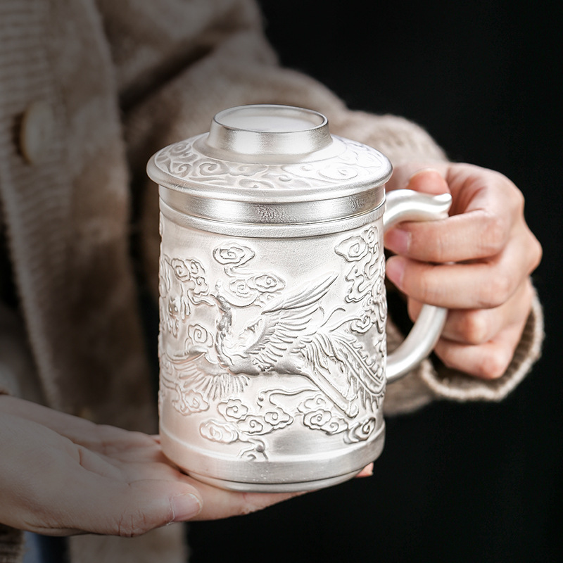 Cốc nước rồng phượng bạc thủ công cao cấp có nắp lọc trà tách sứ mạ bạc cá nhân trà văn phòng gia dụng