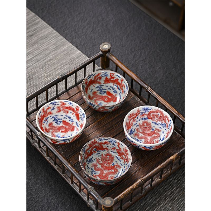 Cốc đôi rồng phượng cổ điển kiểu Trung Quốc cốc chủ nhân sứ trắng xanh bộ trà gốm sứ cốc pha trà dung tích lớn gia dụng cốc đơn bát trà