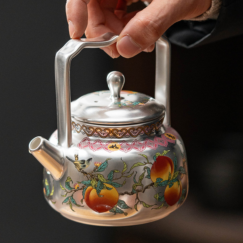 Zhou Hongjie Nine Peach Five Blessings Ấm trà khảm bạc với một nồi và hai cốc Bộ trà Kung Fu công suất lớn cao cấp.