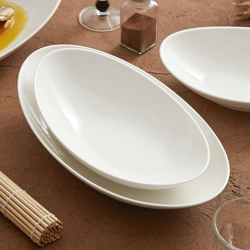 Đĩa cá trắng Dehua Đĩa cá hấp gia dụng Đĩa hình bầu dục gốm Đĩa rau lạnh Nhà hàng Nhà hàng chuyên dụng cỡ lớn