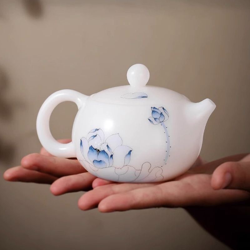 Ấm trà nhỏ vẽ tay ấm trà đá mỡ cừu ngọc gốm nung trơn Xi Shi 200ml Guo Zhibao ấm trà gốm sứ thủ công