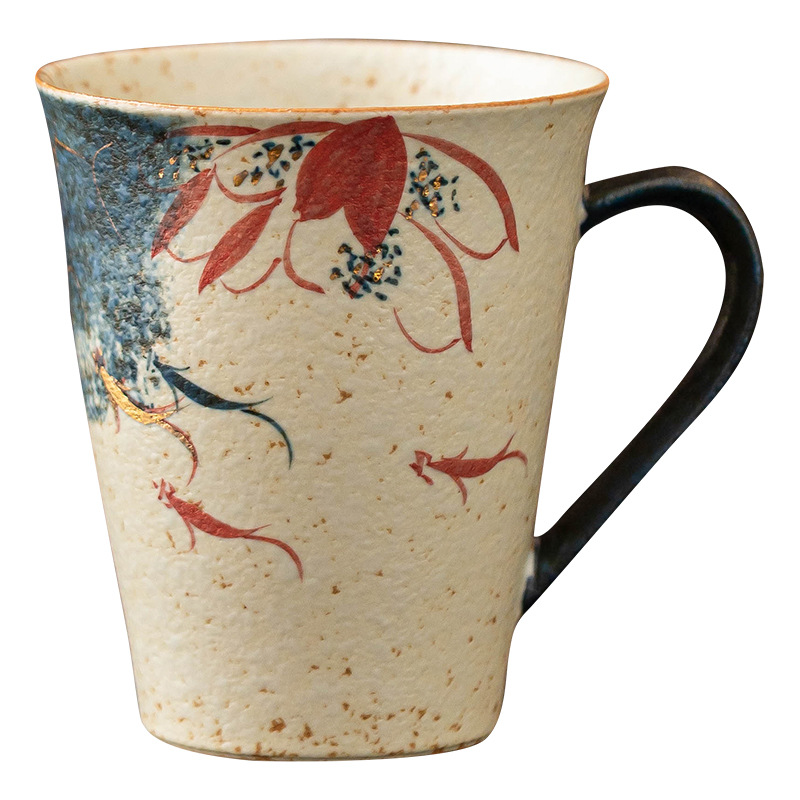 Cốc nước đỏ đá lửa trắng xanh cốc cao cấp tinh xảo sơn vàng vẽ tay hoa sen Koi cốc cà phê cốc trà cỡ lớn chống bỏng