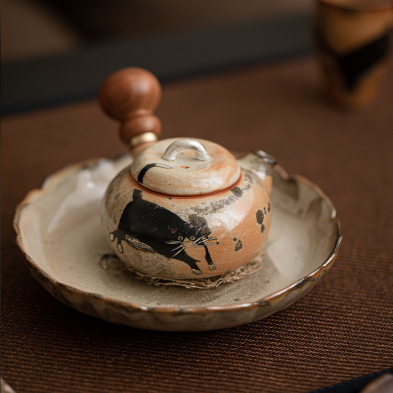 Ấm trà tay cầm bên Mèo Hoang hoài cổ sáng tạo ấm trà dụng cụ trà Kung Fu ấm trà gốm sứ gia dụng ấm đơn thủ công
