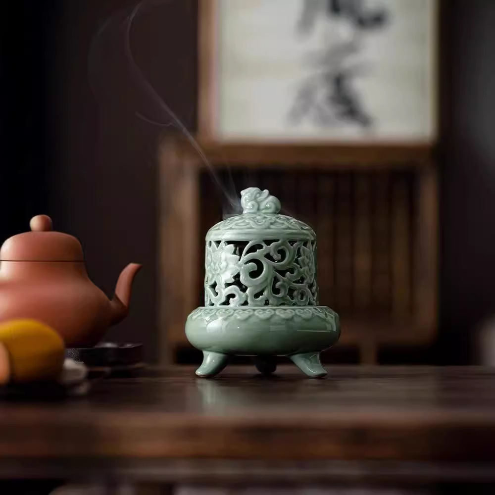 Lư hương đĩa hoa sen ba chân tròn gốm sứ kiểu Tống đồ trang trí phòng khách cổ điển sáng tạo Lư Hương Thiền Trầm Hương gia dụng