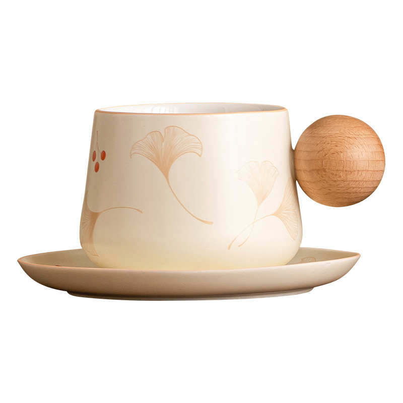 Cốc cà phê bóng bạch quả màu be, cốc trà chiều tinh tế, cốc sứ gốm, cốc uống nước gia dụng, bộ cốc và đĩa