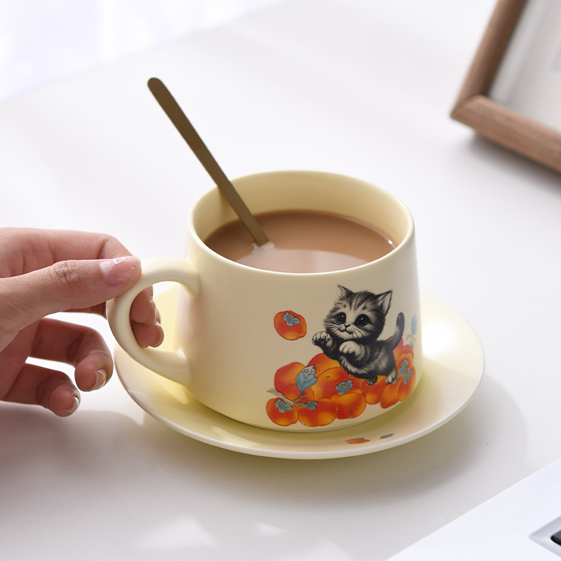 Cốc cà phê vẽ tay gốm sứ hồng mèo cốc lọc cốc trà gia dụng bộ đĩa cốc trà chiều văn phòng