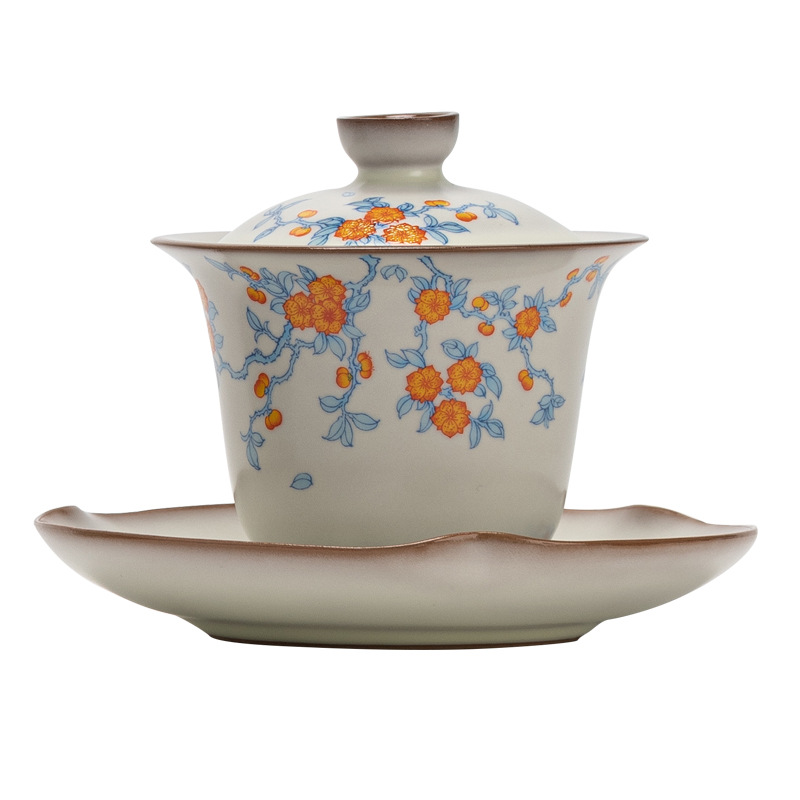 Hoa mai xanh cành Ru Sứ Nắp bát trà Cốc pha trà gia dụng Bát Trà Tam tài có nắp bộ trà Kungfu cao cấp đơn