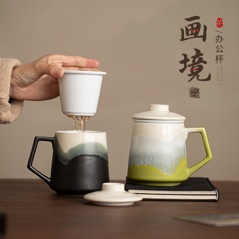 Cốc văn phòng tranh cốc gốm sứ đơn giản cốc tách nước trà cốc pha trà có nắp cốc nước du lịch văn phòng gia đình