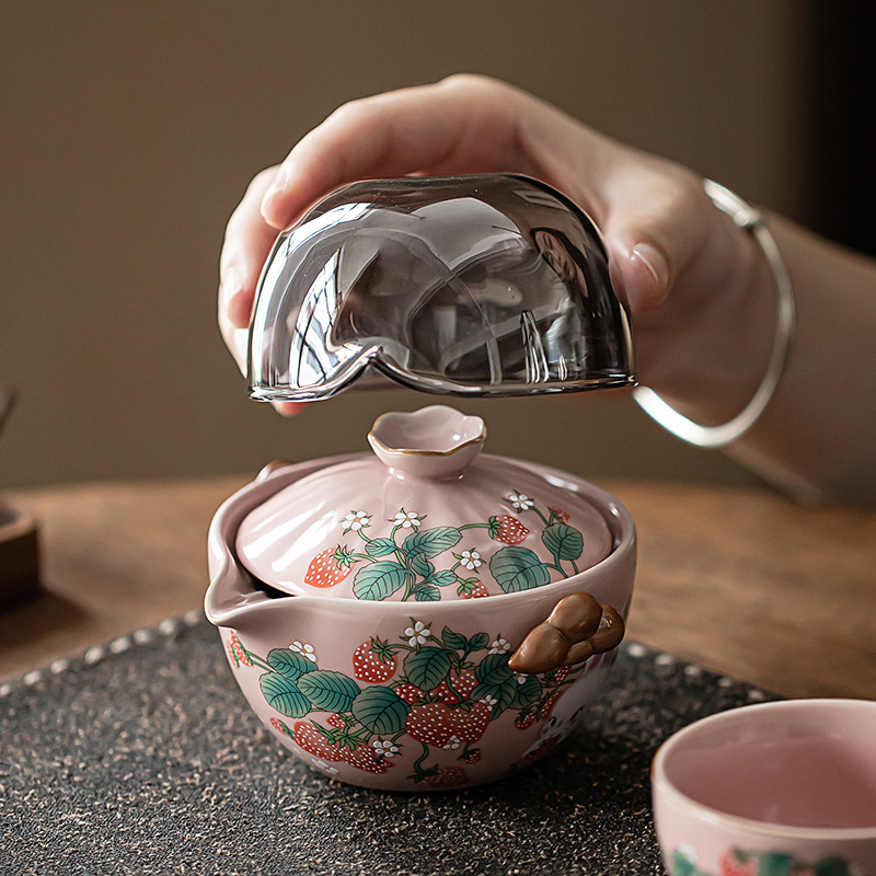 Cốc khách nhanh bằng gốm Sứ Ruyao màu be, một ấm hai cốc, Bộ trà du lịch ngoài trời có thể mở ra, Bộ Trà Di động