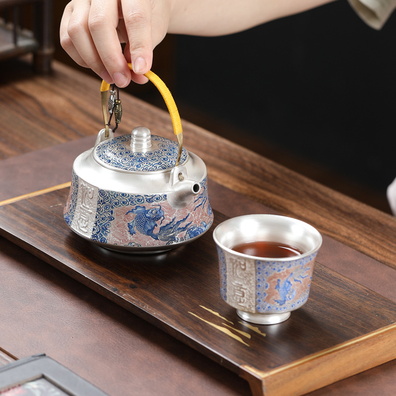 Bộ ấm trà mạ bạc một ấm bốn cốc ấm trà Kung Fu tách trà cao cấp quà tặng công ty cho người lớn tuổi về hưu