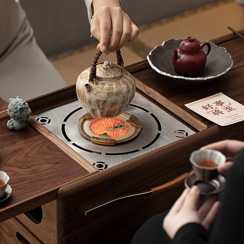Phong cách Trung Quốc mới Bắc Mỹ gỗ óc chó nướng than quanh bếp nấu trà bàn trà phòng trà tatami gia dụng tủ lưu trữ bàn trà bát lửa