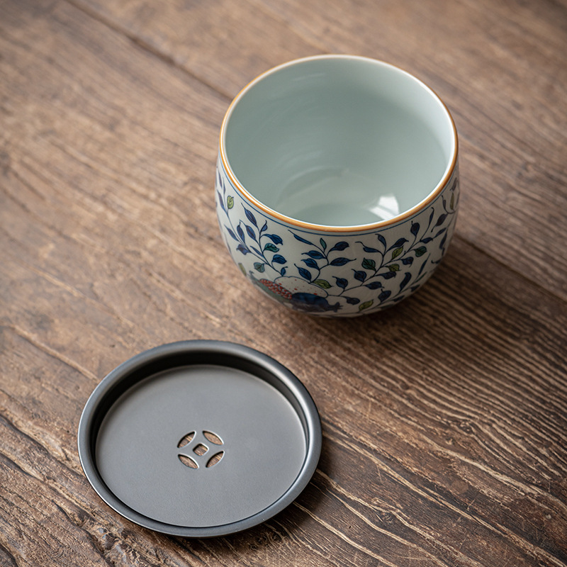 Phụ kiện bộ trà gốm sứ cao cấp cỡ nhỏ màu xanh và trắng rửa chén có nắp dùng trong gia đình