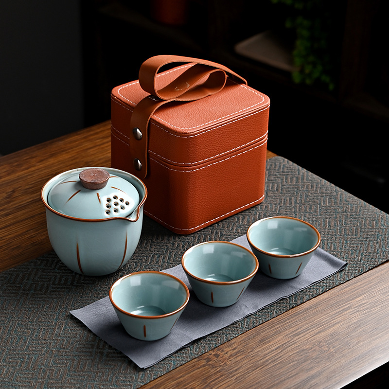 Bộ ấm trà du lịch Ruyao, một ấm ba cốc, túi du lịch xách tay, có thể mở, có thể nâng cốc nhanh, quà lưu niệm công sở
