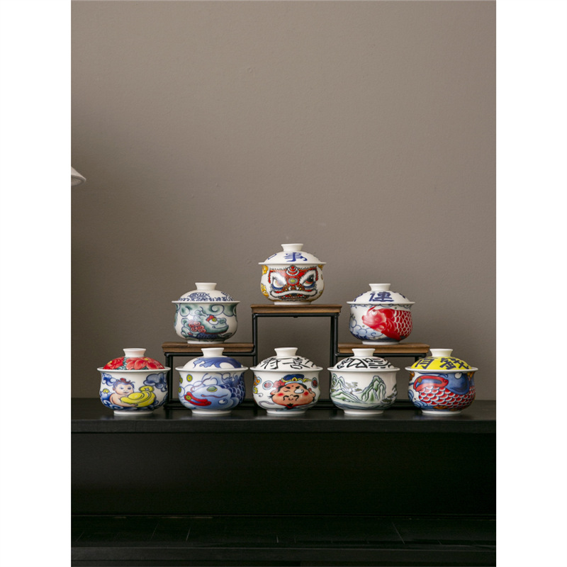 Chén trà gốm sứ lơ lửng nắp nhị tài dụng cụ pha trà đơn cao cấp cổ điển phong cách Trung Quốc bát trà chống bỏng Bộ trà Kung Fu