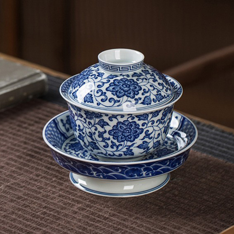 Cốc trà có nắp, bát trà tam tài đơn, bộ trà sứ trắng xanh cỡ lớn, trà Kung Fu sứ trắng