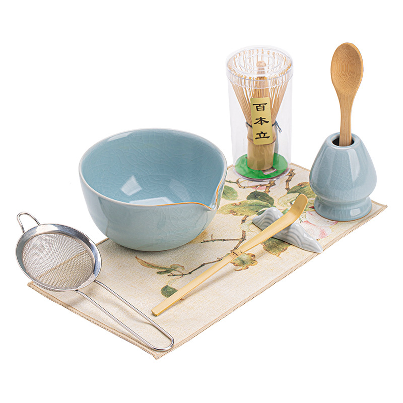 Bộ tám món Matcha ở lò Ru, bát trà bằng gốm sứ mở kiểu Nhật, bình trà, sàng bột, trà thời Tống, bộ dụng cụ pha trà Baixi