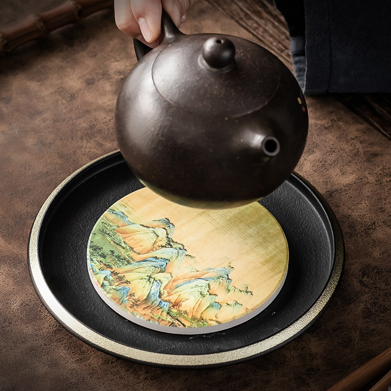 Ấm đun nước bằng gốm, bàn pha khô, khay đựng trà nhỏ gia dụng, khay đựng nước hình tròn, khay đựng trà, khay đựng cốc, tấm cách nhiệt
