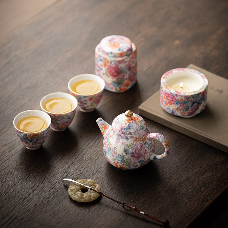 Bộ ấm trà 6 đầu tráng men, ấm trà, cốc trà, lư hương, đồ trà gốm sứ, quà tặng khách hàng