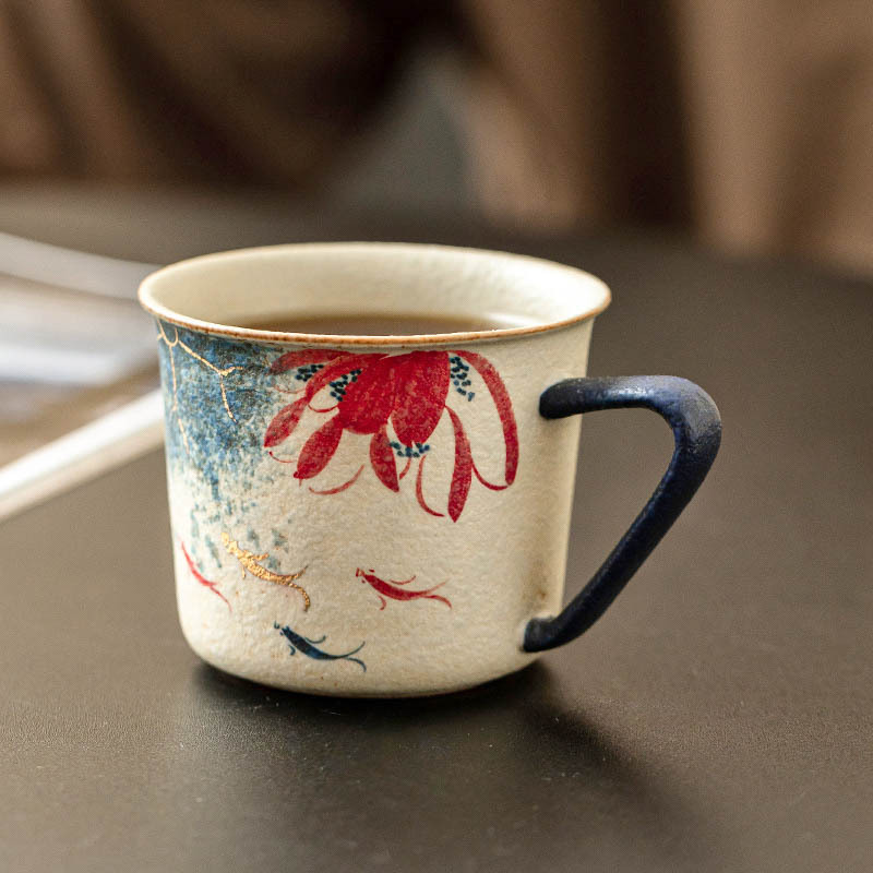 Nhà máy màu xanh và trắng đá lửa cốc cà phê gốm sứ đỏ chạm khắc vàng vẽ tay vần sen Koi latte cốc trà chiều cốc nước