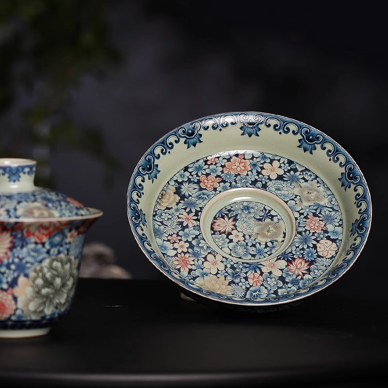 Lò nung Tianqingru mở lát trăm hoa gốm sứ trắng xanh bát có nắp ba tài dụng cụ pha trà Kung Fu bát pha trà đơn gia dụng