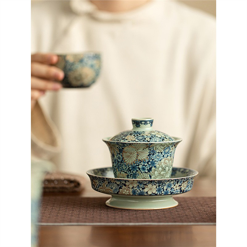 Bát có nắp ba tài hoa Ru Lò gốm gia dụng cao chân kiểu Trung Quốc cổ điển bàn pha trà phục vụ bát trà Kung Fu bộ trà bán buôn