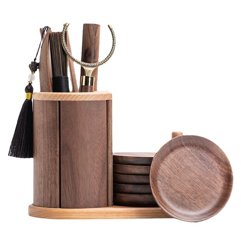 Trà đạo gỗ óc chó sang trọng nhẹ phụ kiện bộ ấm trà sáu quý nhân công dụng gia dụng kẹp trà kim trà dao cầm ấm bút