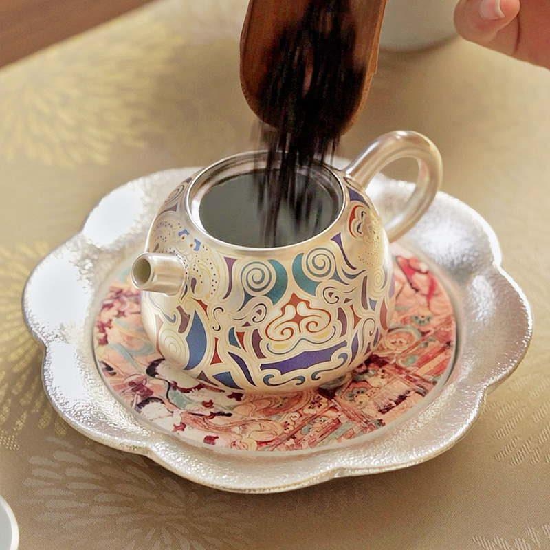 Bình bạc Đôn Hoàng thủ công của bậc thầy, bộ trà bạc mạ vàng thủ công, bộ trà kung fu kinh doanh quà tặng, hộp quà tặng, quà lưu niệm