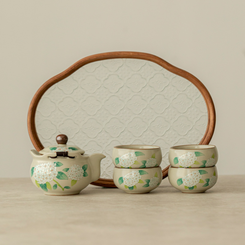 Bộ ấm trà hoa cẩm tú cầu lò Chpu Ru có khay trà ấm cầm tay bằng gốm sứ ấm trà giá trị cao pha trà gia dụng