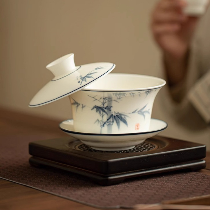 Bóng tre lơ lửng bát nắp ba tài bát pha trà sứ trắng gốm sứ đơn bát trà lớn chén trà