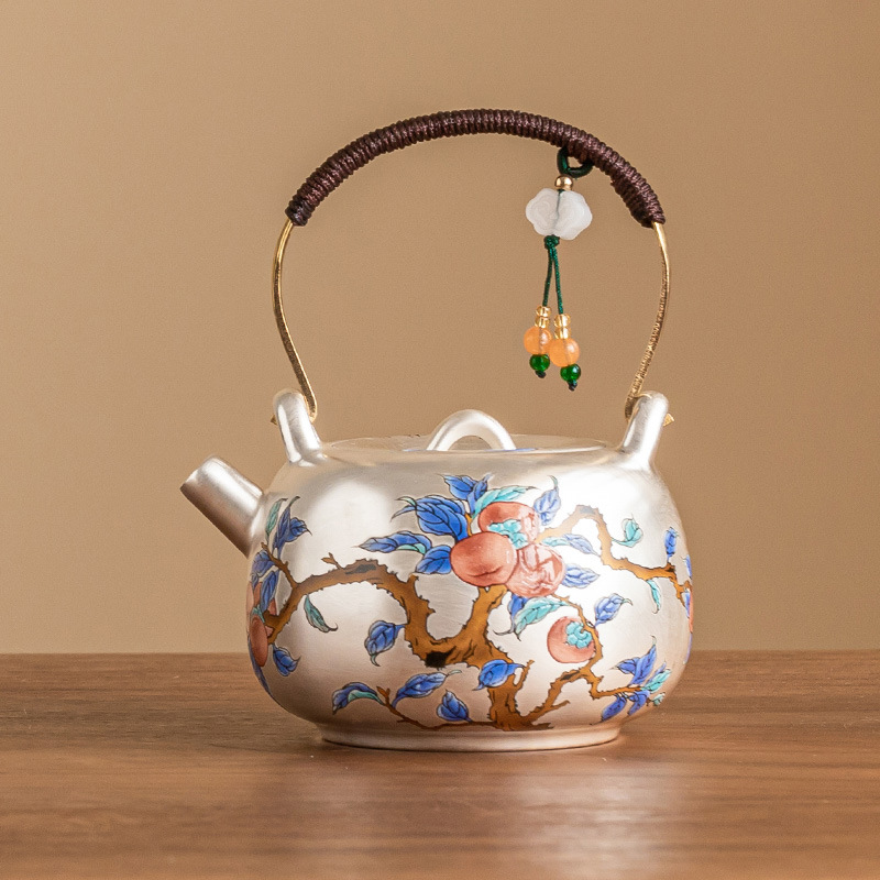 Ấm trà mạ bạc Guofeng 999, ấm trà cầm xà nâng hồng Ruyi, ấm trà chống bỏng gốm sứ, quà tặng gia dụng cao cấp