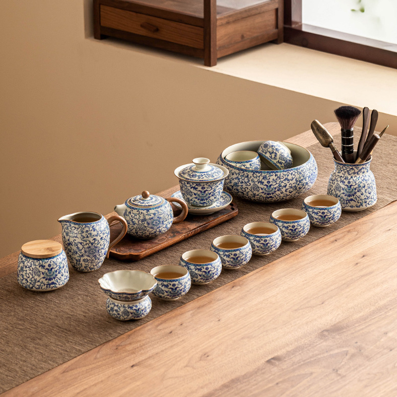 Bộ dụng cụ pha trà Kung Fu màu xanh và trắng của Ru Kiln, bộ dụng cụ pha trà văn phòng gia dụng, bình trà, tách trà, phụ kiện bộ trà