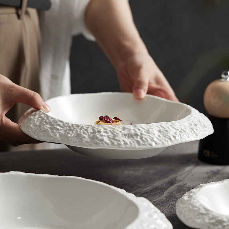 Họa Tiết Đá Đĩa Trắng Đĩa Đĩa Gốm Sứ Gia Đình Sáng Tạo Hình Bầu Dục Đĩa Sâu Cá Đĩa Khách sạn Cao Cấp Bộ Đồ Ăn Đĩa