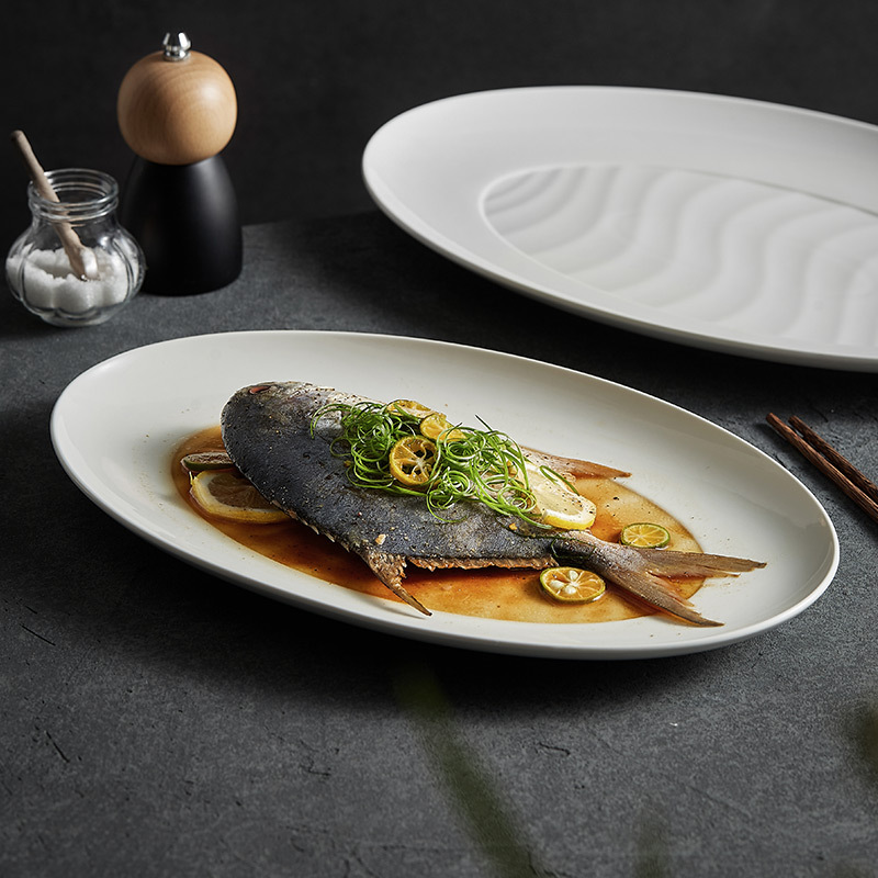 Đĩa cá viền rộng, đĩa Cá hấp cỡ lớn gia dụng, đĩa ăn cá cao cấp, đĩa bày đĩa gốm hình bầu dục kiểu Nhật