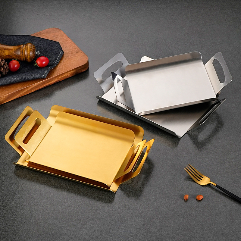 Khay inox Bắc Âu kiểu Hàn Quốc khay bánh mì nướng hai tai khay bánh ngọt khay trà hình chữ nhật khay phục vụ món ăn