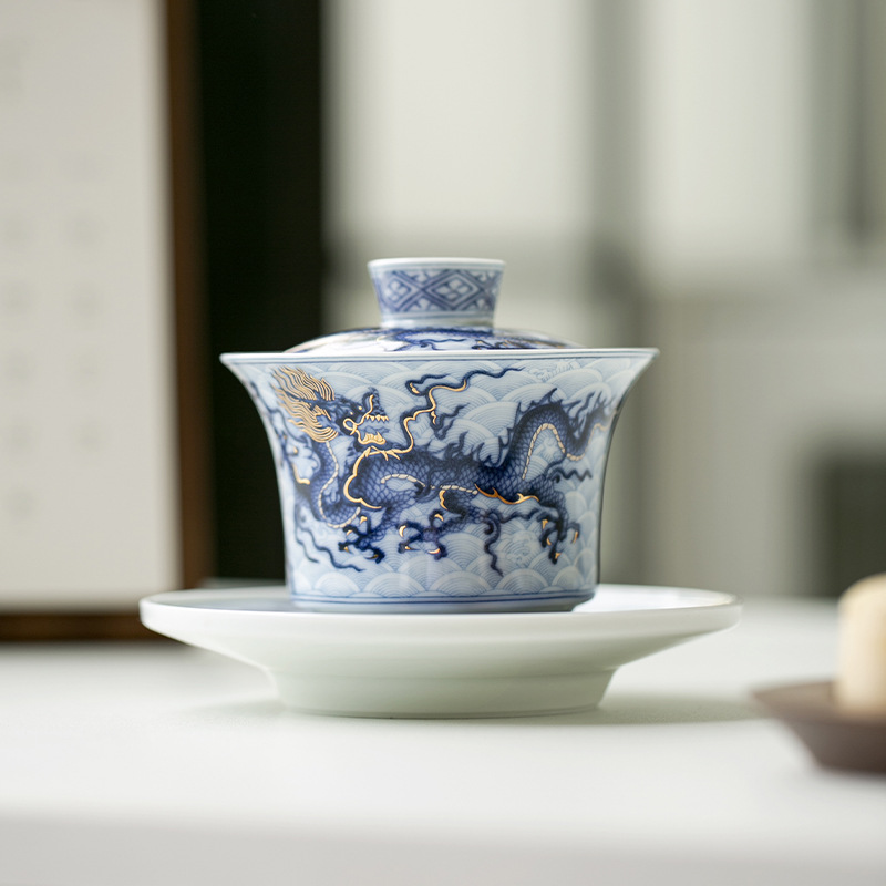 Bát có nắp tam tài hoa văn rồng sai vàng bạc xanh cổ dụng cụ pha trà công phu gốm sứ giá sỉ bộ pha trà cao cấp gia dụng